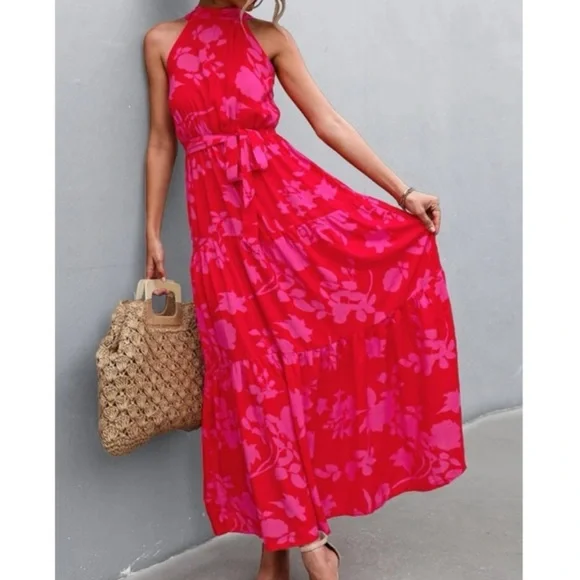 Boho pink  floral print belted halter maxi dress - Picture 3 of 14